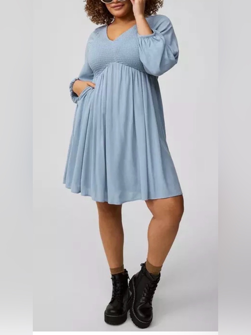 NWT Torrid 3(3X) babydoll mini dress with smocking in dusty blue